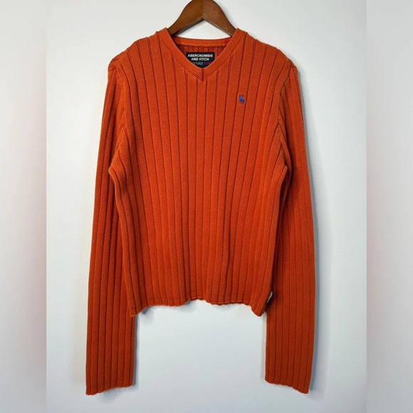 Abercrombie & Fitch Men’s Y2K Orange Ribbed Cotton V-neck Moose Logo Sweater - Picture 1 of 11